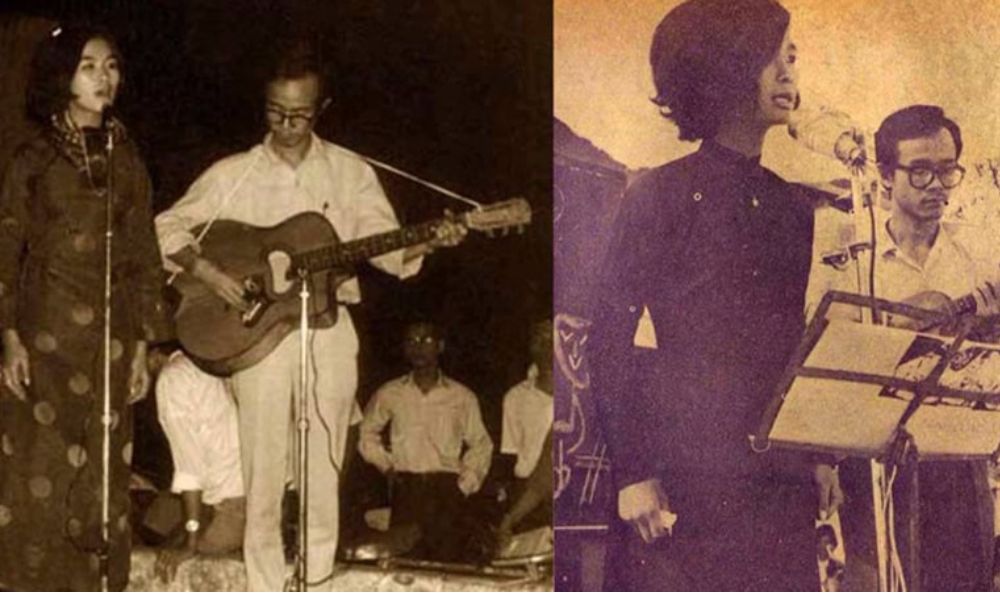 Cố nhạc sĩ Trịnh Công Sơn và danh ca Khánh Ly đang biểu diễn đầy đam mê tại Quán Văn